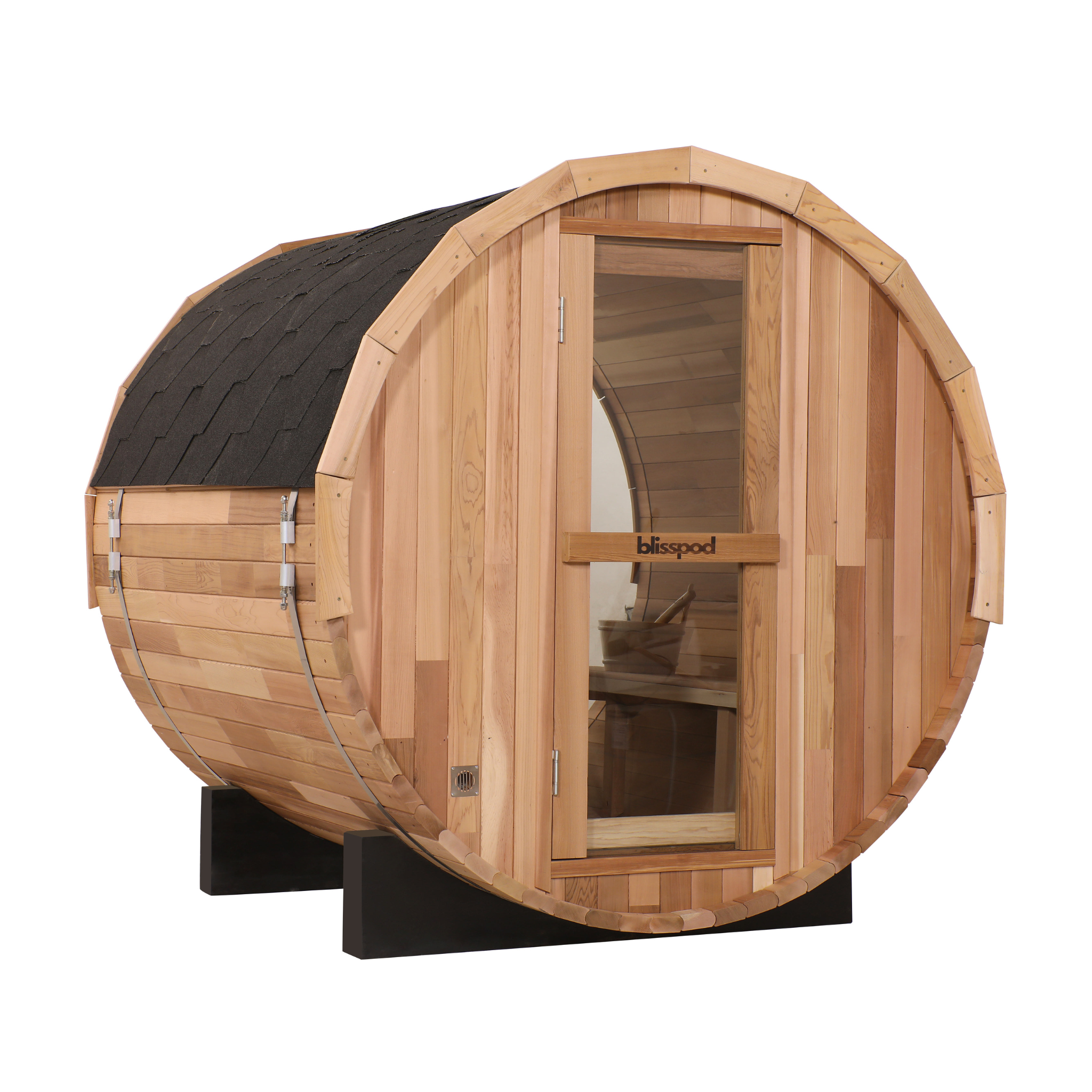Blisspod | Prague | Canadian Red Cedar Outdoor Steam Barell Sauna | Full Glass Back | 70.87"H x 70.87"W x 70.87"D | 4-6 person 