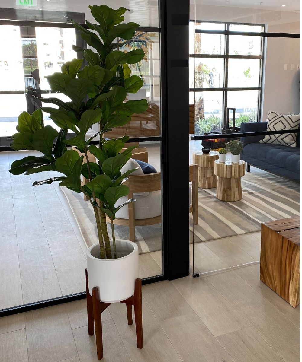 Boni White Mid - Century Cement Planter With Wooden Stand 