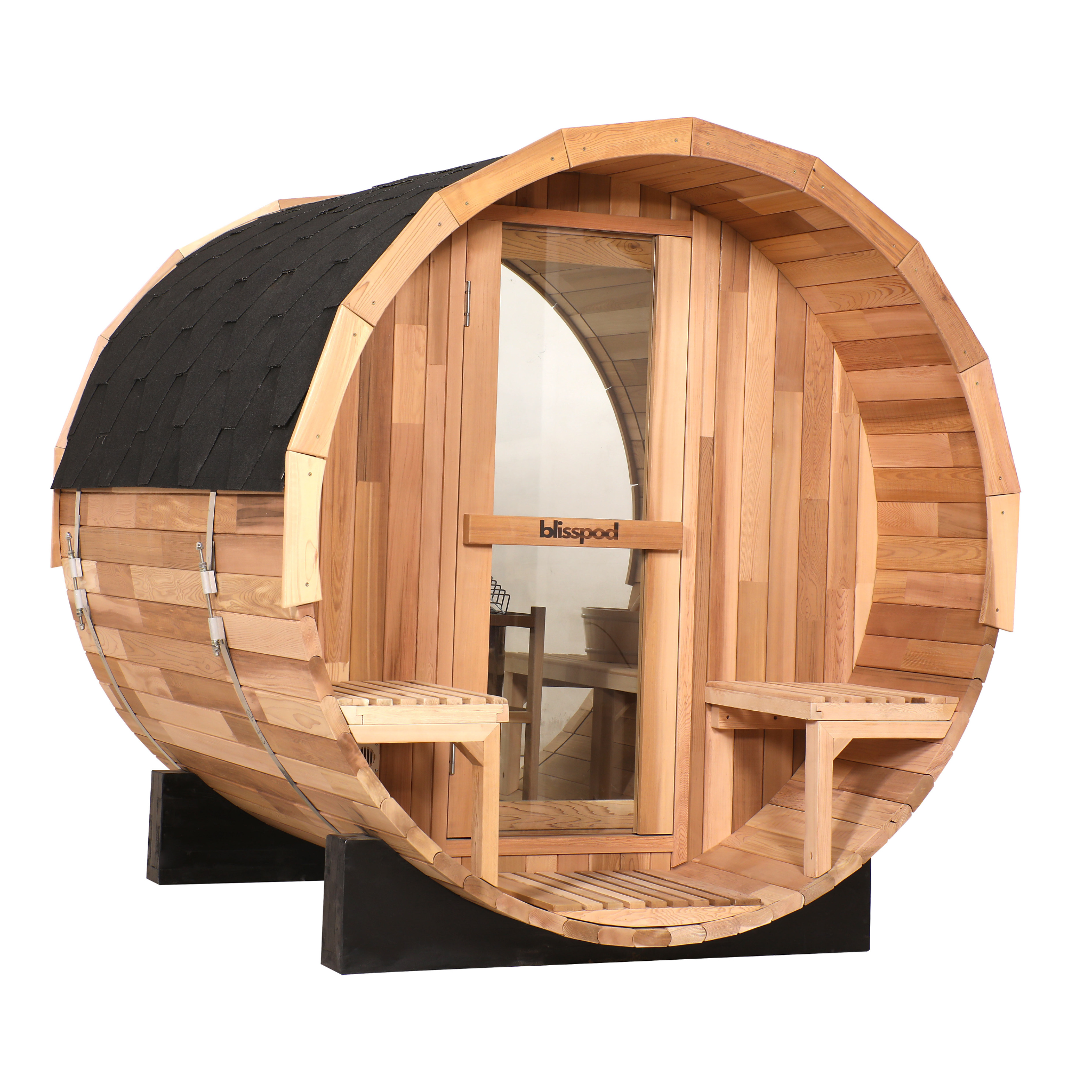 Blisspod, Prague, Canadian Red Cedar Outdoor Steam Barell Sauna, 2-4 / 4-6 persons with Full Glass Back & 2 front Porch seats 