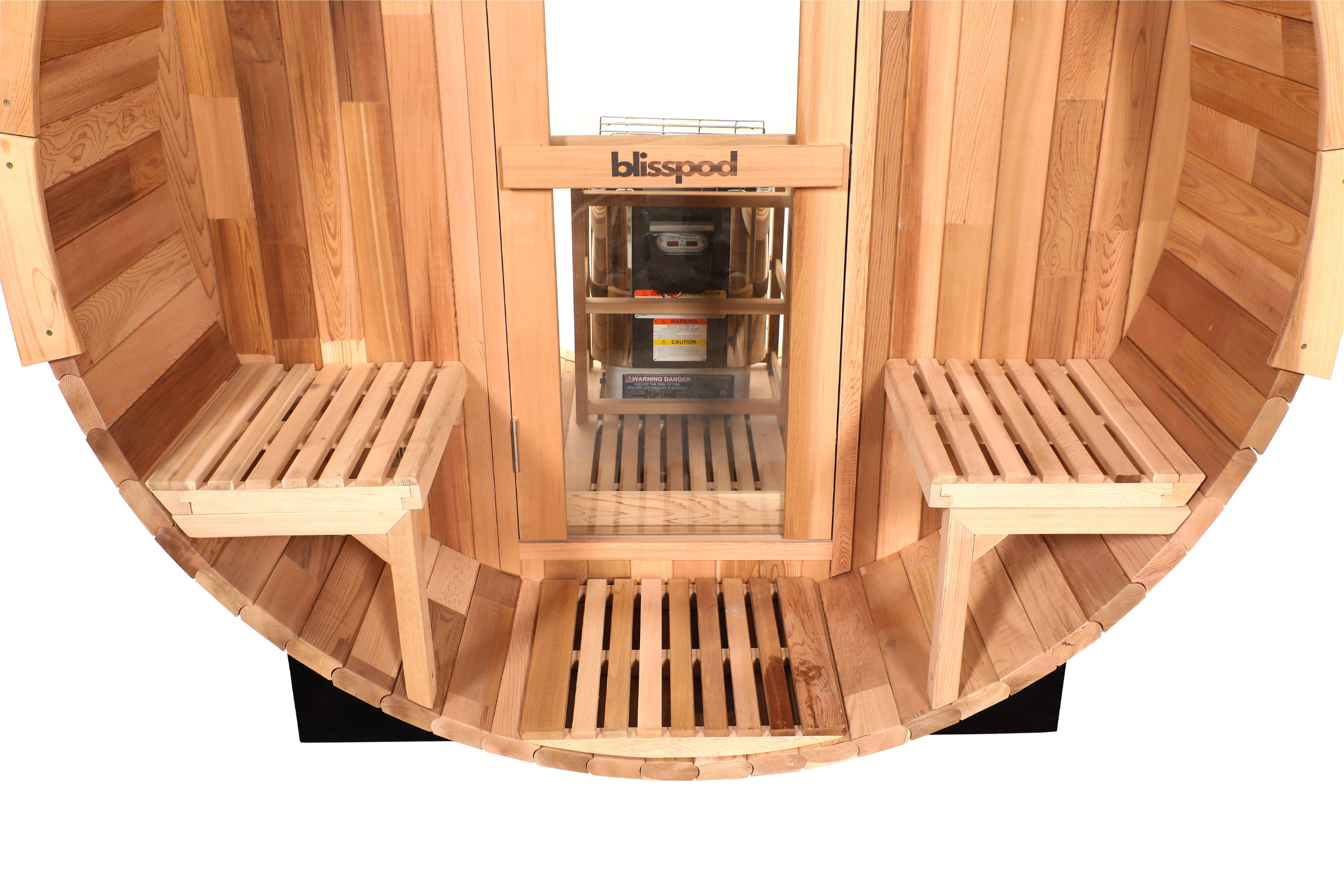 Blisspod, Prague, Canadian Red Cedar Outdoor Steam Barell Sauna, 2-4 / 4-6 persons with Full Glass Back & 2 front Porch seats 