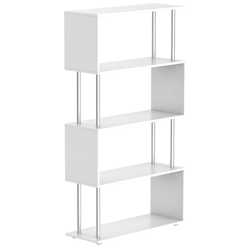5-Tiers Geometric Wooden Bookcase S-Shaped Storage Bookshelf Display with Metal Frame for Living Room, Bedroom, Home Office, White