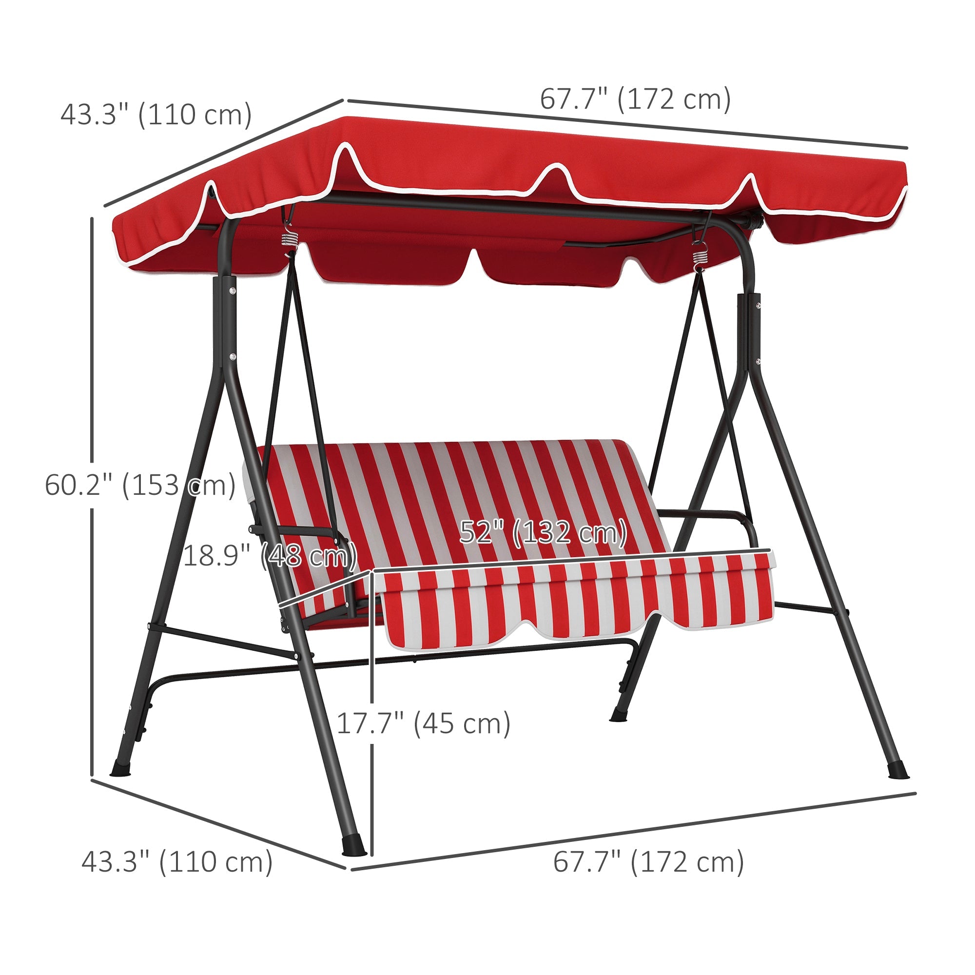 Outsunny 3-Seater Outdoor Porch Swing with Adjustable Canopy, Patio Swing Chair for Garden, Poolside, Backyard, Red 