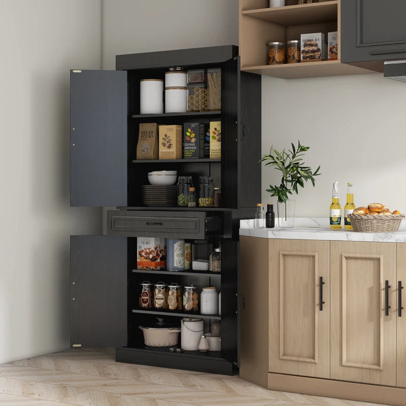 71" Freestanding Kitchen Pantry with 4 Doors and 2 Cabinets, Tall Storage Cabinet for Kitchen, Distressed Black