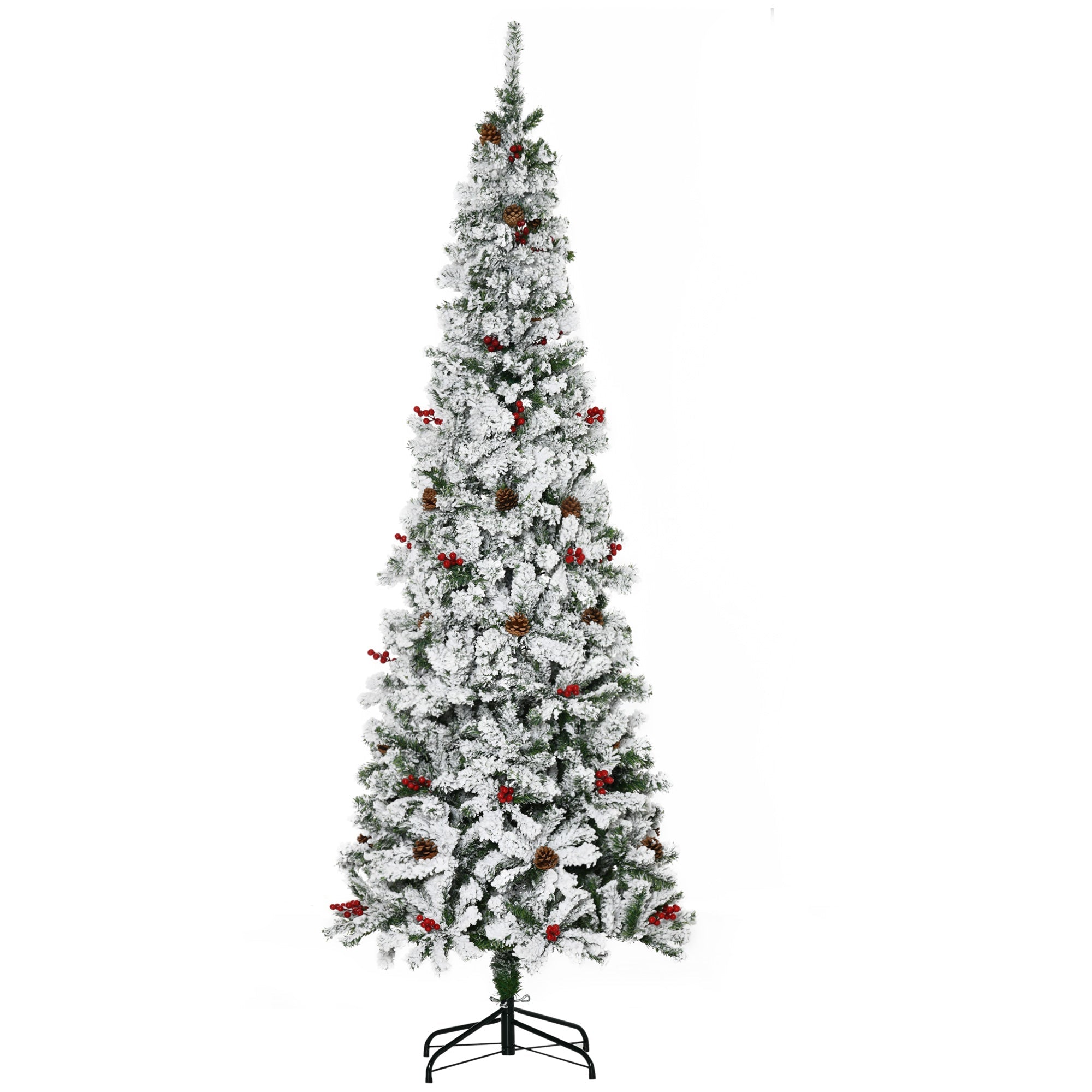 HOMCOM 7.5 Foot Pencil Snow Flocked Artificial Christmas Tree with 950 Pine Realistic Branches, Pine Cones, Red Berries, Auto Open 