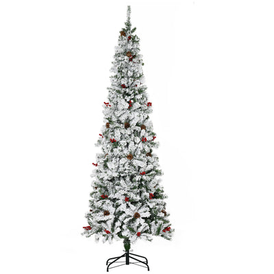 HOMCOM 7.5 Foot Pencil Snow Flocked Artificial Christmas Tree with 950 Pine Realistic Branches, Pine Cones, Red Berries, Auto Open 