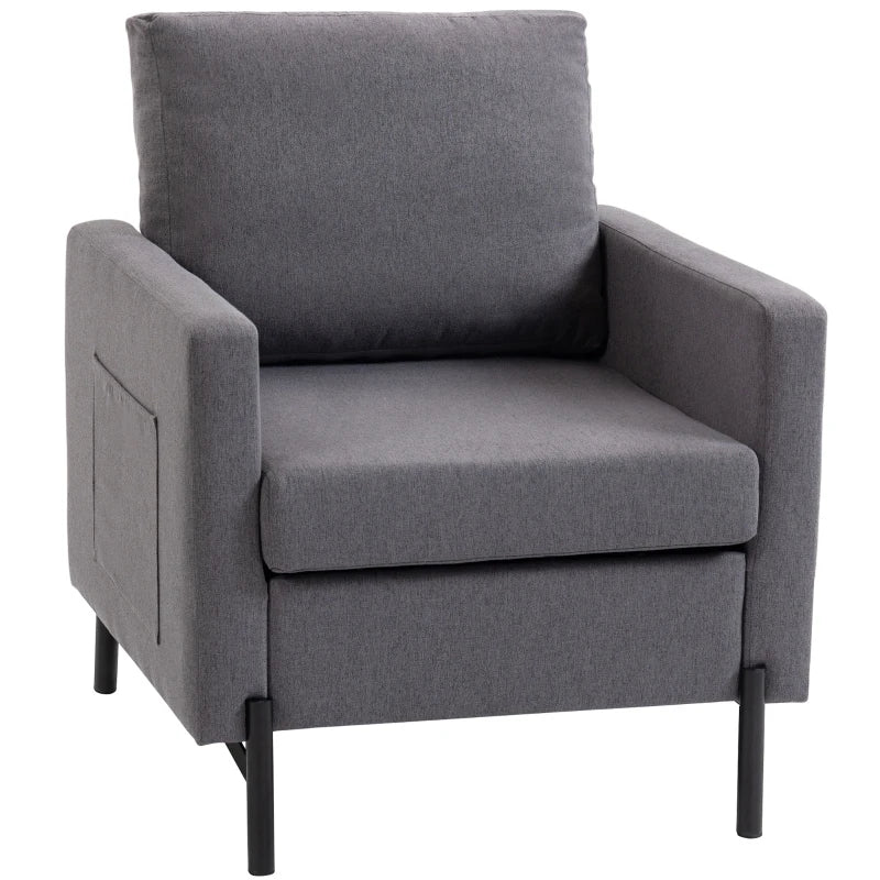 Accent Chair Modern Upholstered Armchair with Side Pockets and Cushion for Bedroom, Living Room, Dark Grey