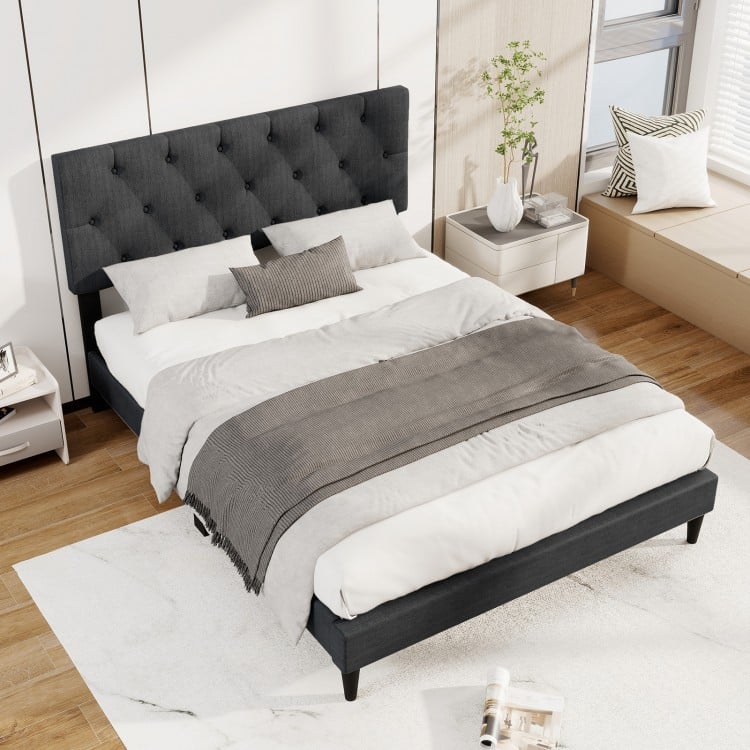 Upholstered Platform Bed with Tufted Headboard and Wooden Slats Gray-Full Size