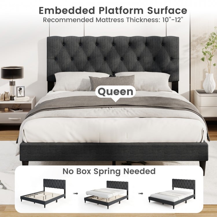 Upholstered Platform Bed with Tufted Headboard and Wooden Slats Gray-Queen Size