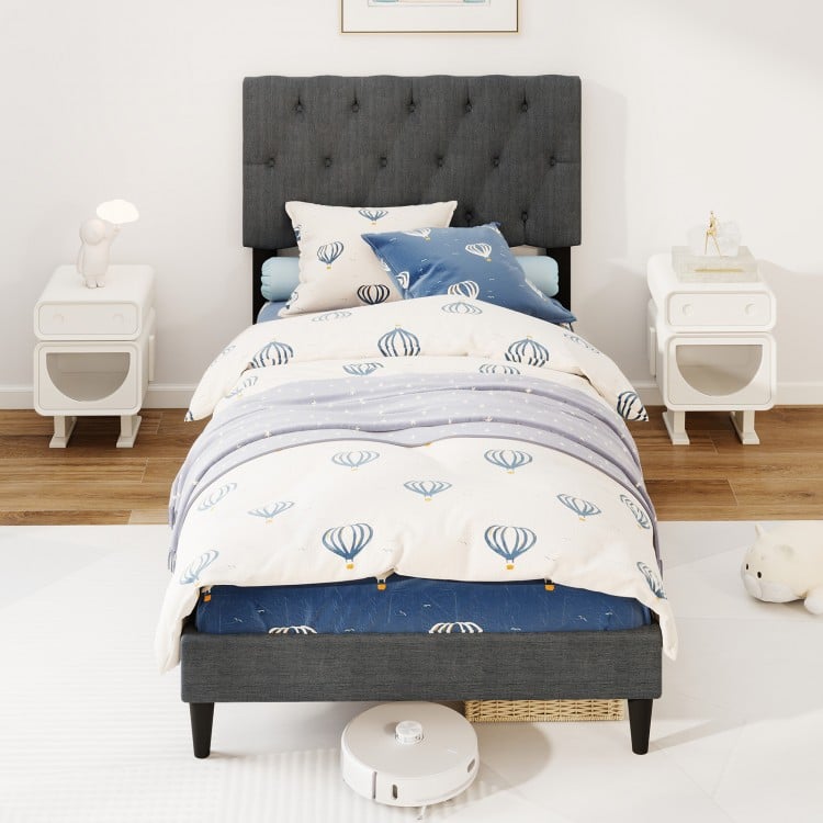 Upholstered Platform Bed with Tufted Headboard and Wooden Slats Gray-Twin Size