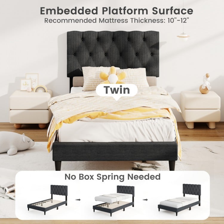 Upholstered Platform Bed with Tufted Headboard and Wooden Slats Gray-Twin Size