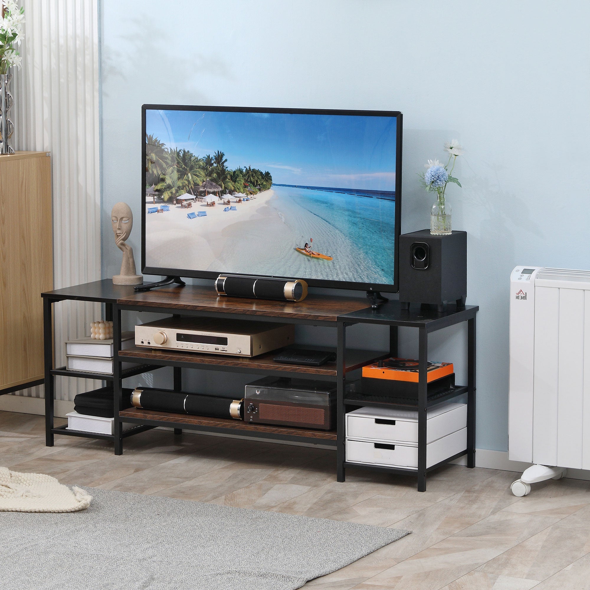HOMCOM Industrial Chic: Open Shelf TV Stand for 65" TVs, Steel Frame Media Console with Rustic Brown Finish 