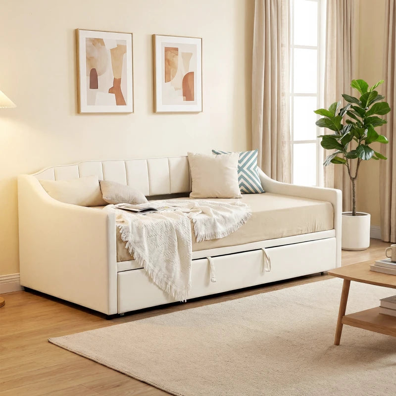 Upholstered Twin Trundle Bed, Extendable Twin to King Day Bed with Headboard and Armrests, Cream White