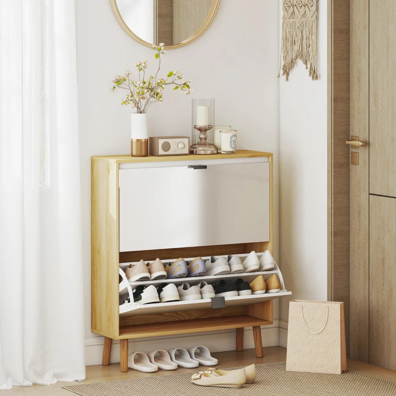 Narrow Shoe Cabinet, High Gloss Shoe Storage Cabinet with 2 Flip Drawers and Adjustable Shelves, Holds 16 Pairs, White
