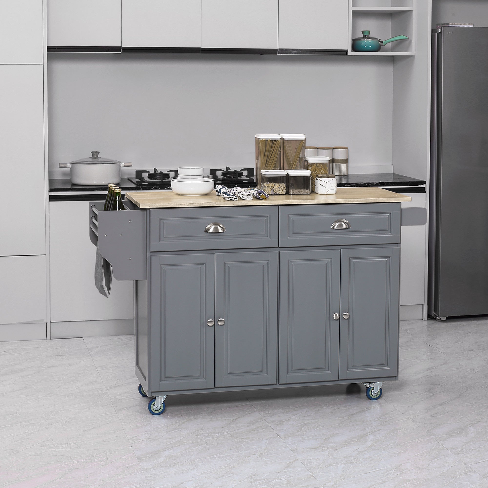 HOMCOM Rolling Kitchen Island: Drop-Leaf Wood Top, Drawers & Cabinets for Extra Storage, Grey 