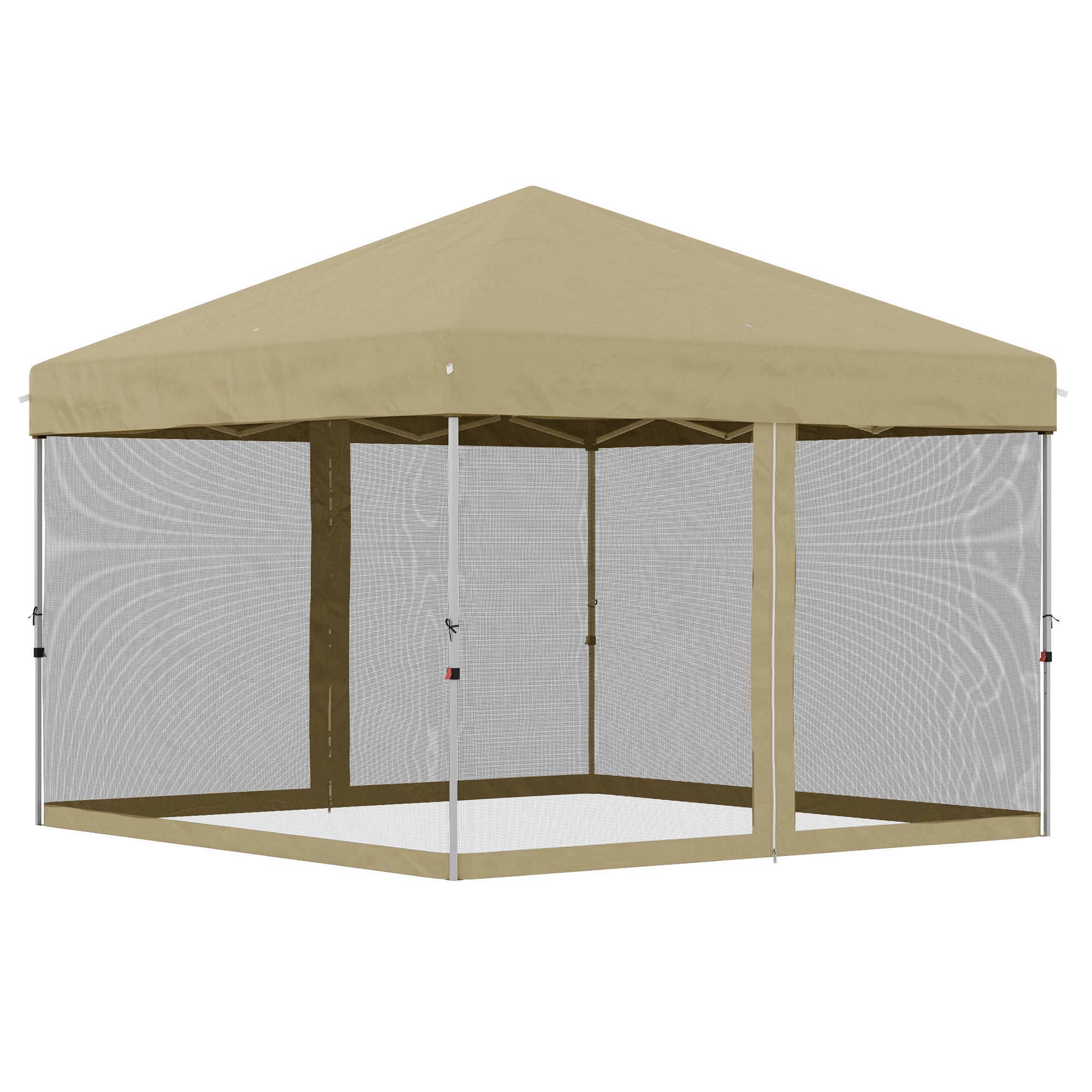 Outsunny 10' x 10' Pop-Up Party Tent Outdoor Canopy Tent with Mesh Sidewalls, 3-Level Adjustable Height, Roller Bag, Khaki 