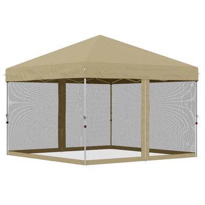 Outsunny 10' x 10' Pop-Up Party Tent Outdoor Canopy Tent with Mesh Sidewalls, 3-Level Adjustable Height, Roller Bag, Khaki 