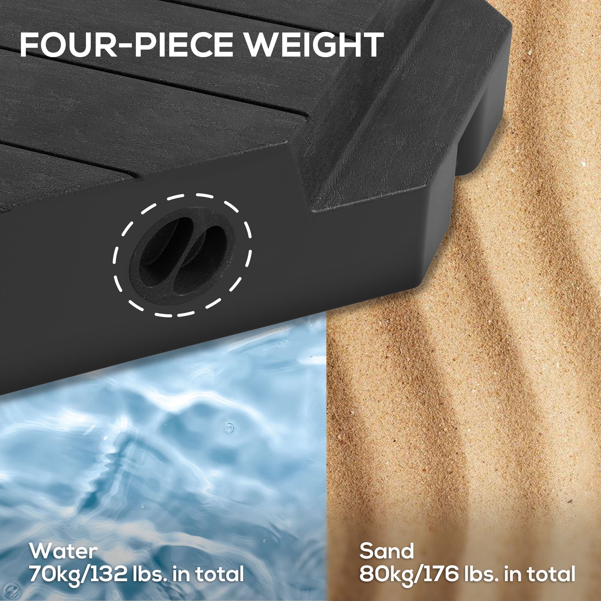 Outsunny Offset Umbrella Base Outdoor Umbrella Weights, 132 lb. Capacity Water or 176 lb. Capacity Sand, Black 