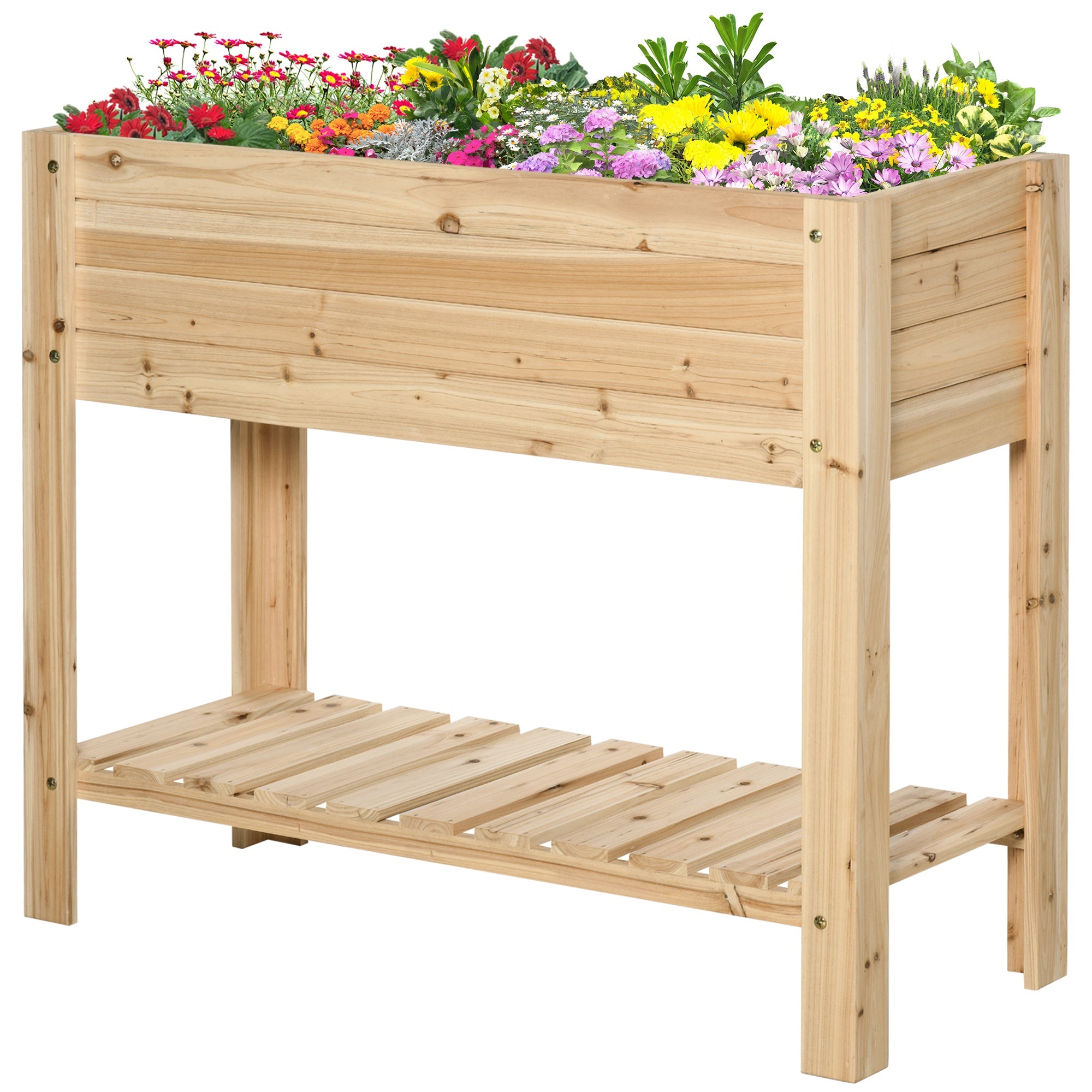 Outsunny Raised Garden Bed with Legs, Elevated Box Planter with Storage Shelf, Bed Liner for Backyard Patio, Natural Wood 