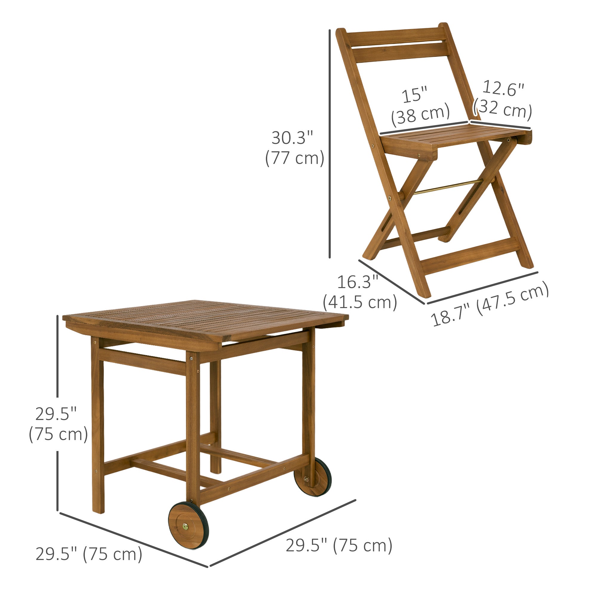 Outsunny 5 Pieces Wood Patio Dining Set, Wheeled Patio Table and Folding Chairs with Cushions for Garden Backyard Poolside, Teak 