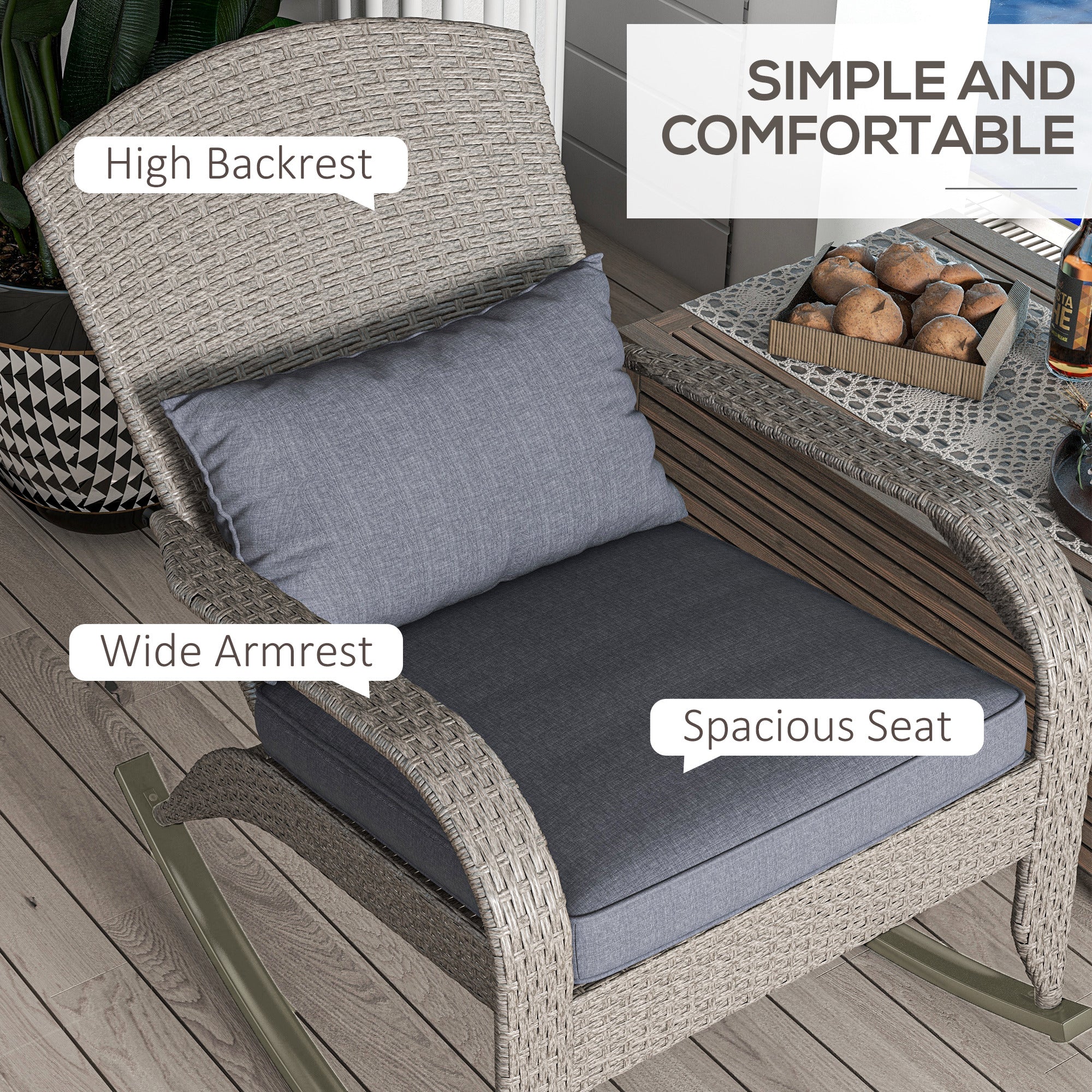 Outsunny Adirondack Chair, Outdoor Wicker Rocking Chair with High Back, Seat Cushion and Pillow for Porch, Balcony, Grey 