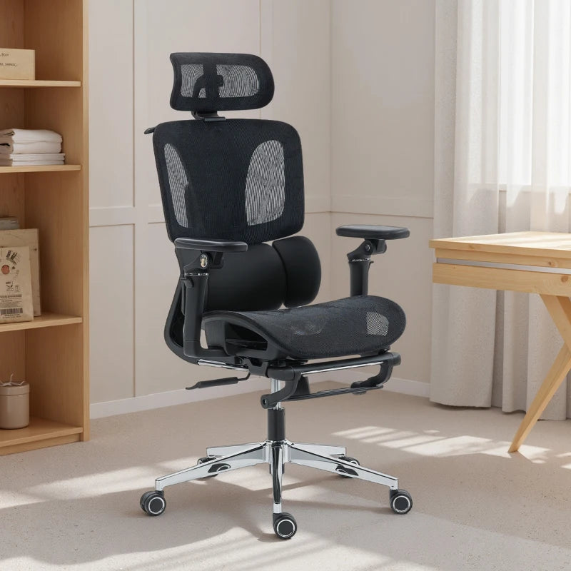 Ergonomic Office Chair, Mesh Computer Chair with High Back, Lumbar Support, 6D Armrests, Headrest, Footrest, Black
