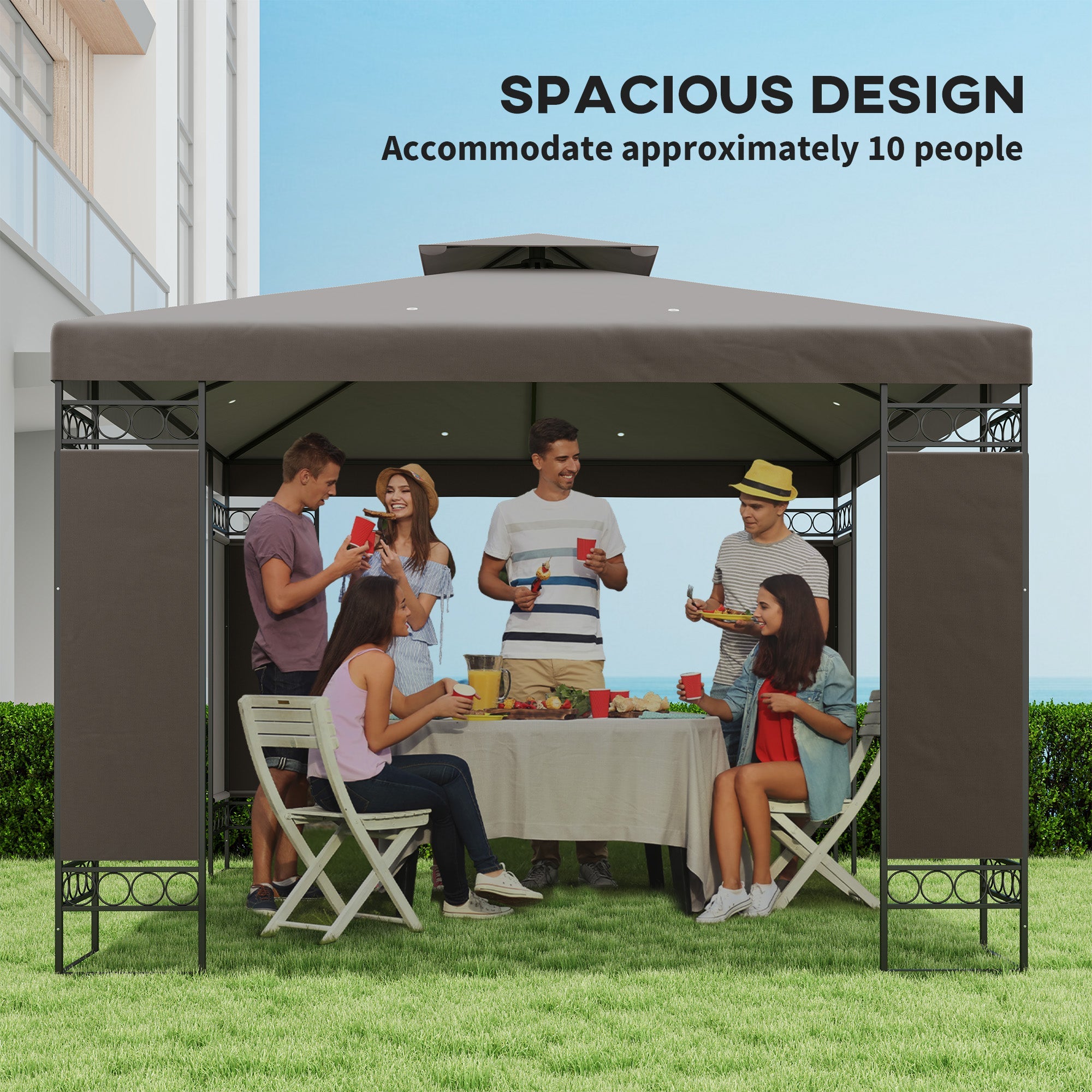 Outsunny 10 x 10 FT Canopy Gazebo, Double Roof Patio Gazebo with Screen Panels and Metal Frame for Deck, Backyard, Khaki 