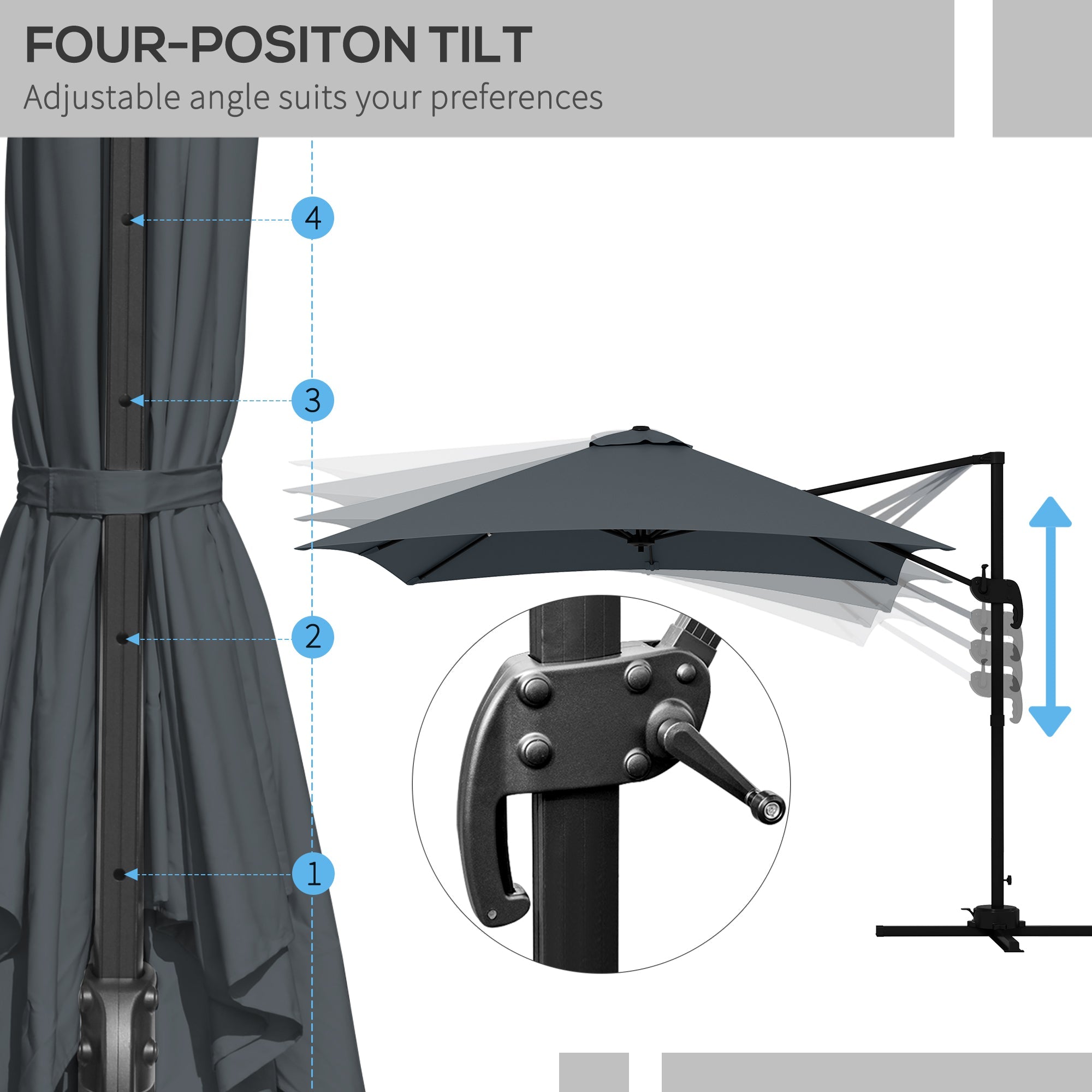 Outsunny 10x10ft Cantilever Umbrella Square Market Parasol Adjustable Outdoor Patio Shade Dark Grey Rotatable 