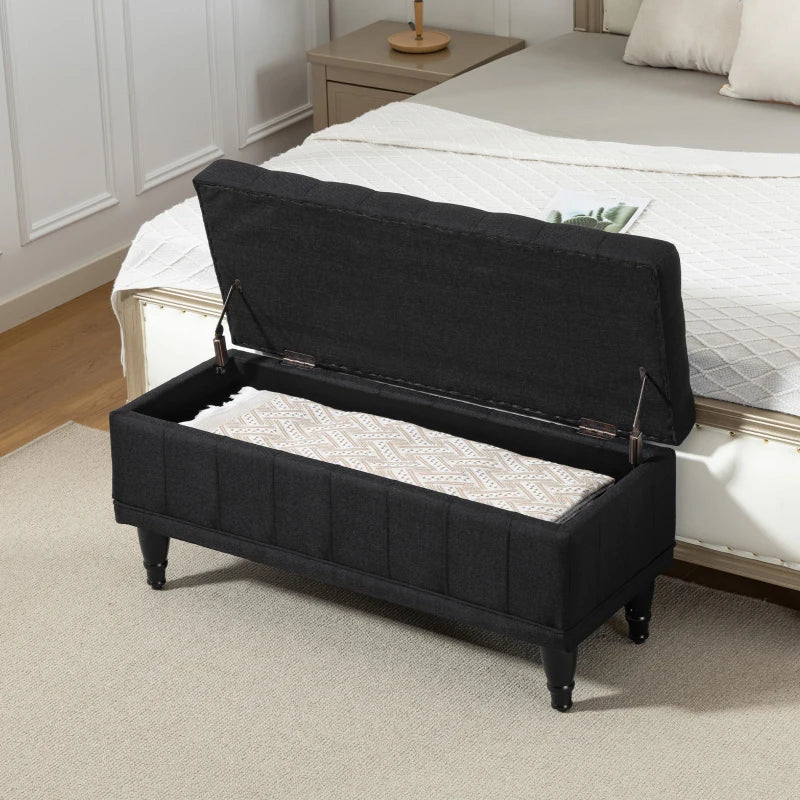 Storage Ottoman, Linen Fabric End of Bed Bench with Button Tufted Storage Bench for Bedroom, Black