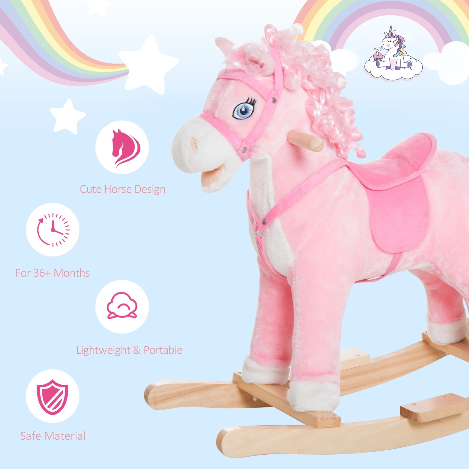 Qaba Kids Plush Rocking Horse Poney Child Ride On Toy Rocker w/ Realistic Sounds Pink 