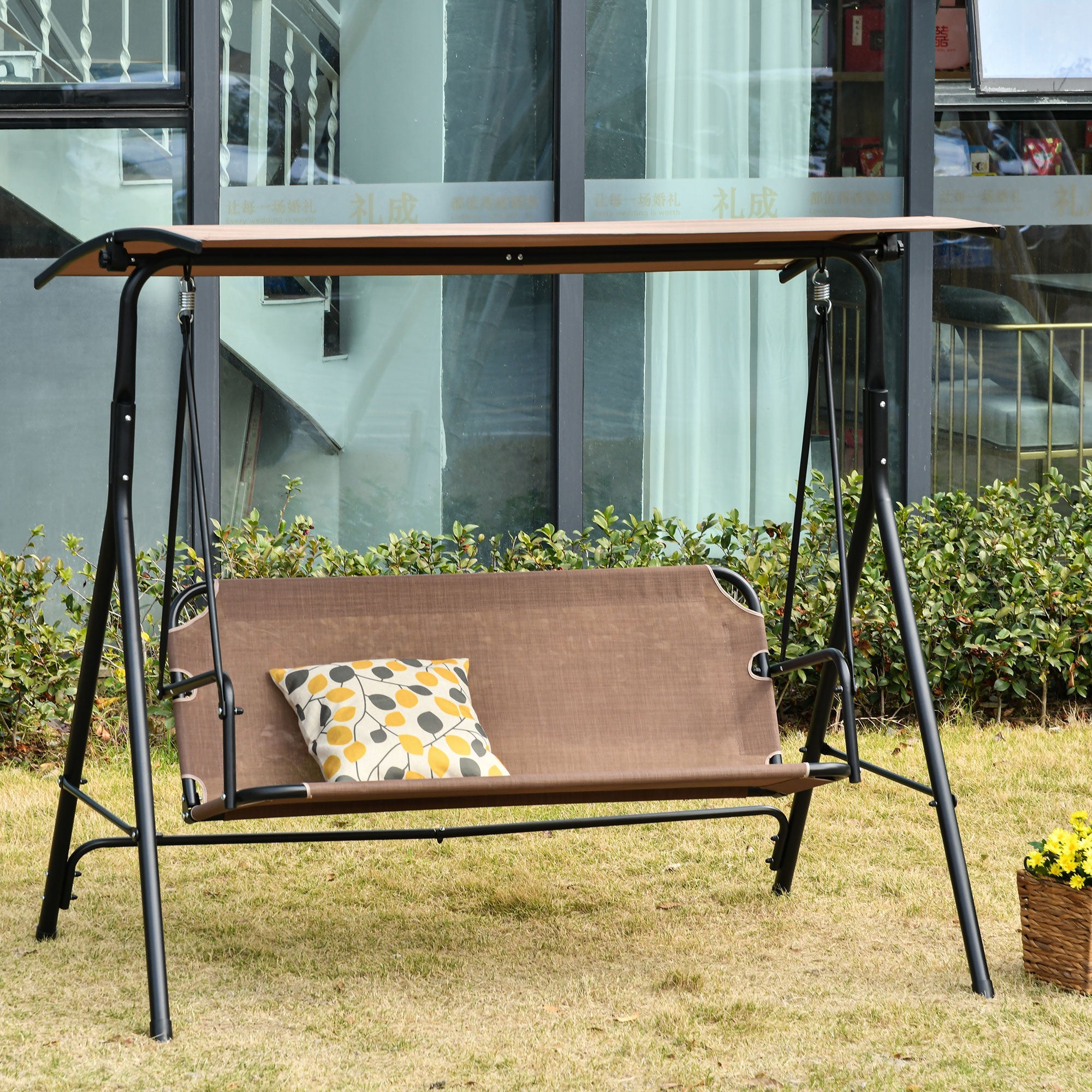 Outsunny 2 Person Porch Swing Chair Patio Bench Adjustable Canopy Breathable Seat Garden Poolside Brown 