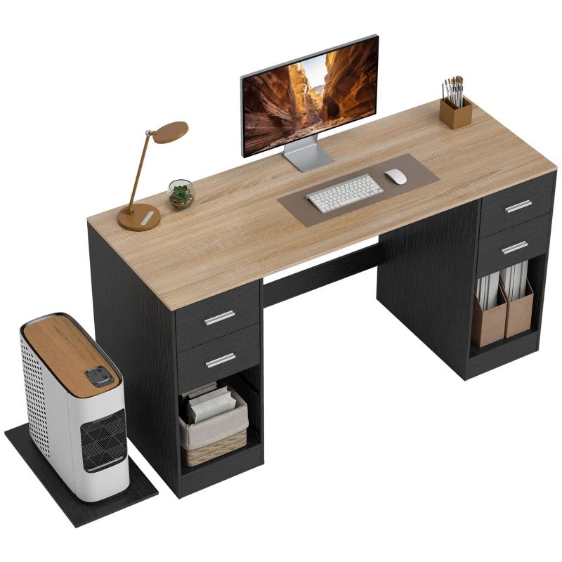 Office Desk, 55" Computer Desk with 4 Reversible Drawers, Mobile PC Stand, Adjustable Shelf, Black Wood Grain
