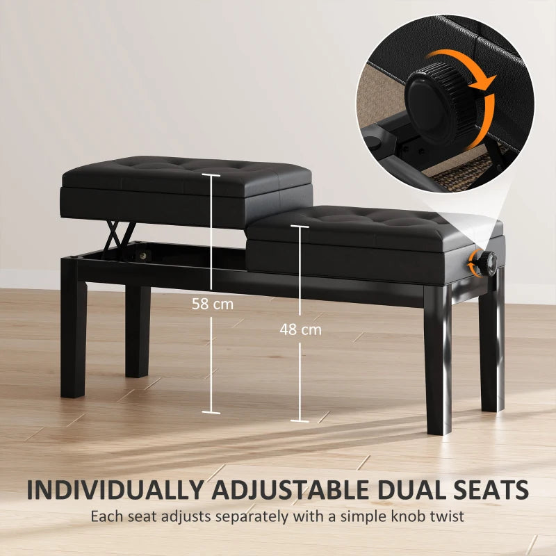 Piano Bench with Storage, Height Adjustable Piano Stool, PU Leather Tufted Keyboard Seat, Black