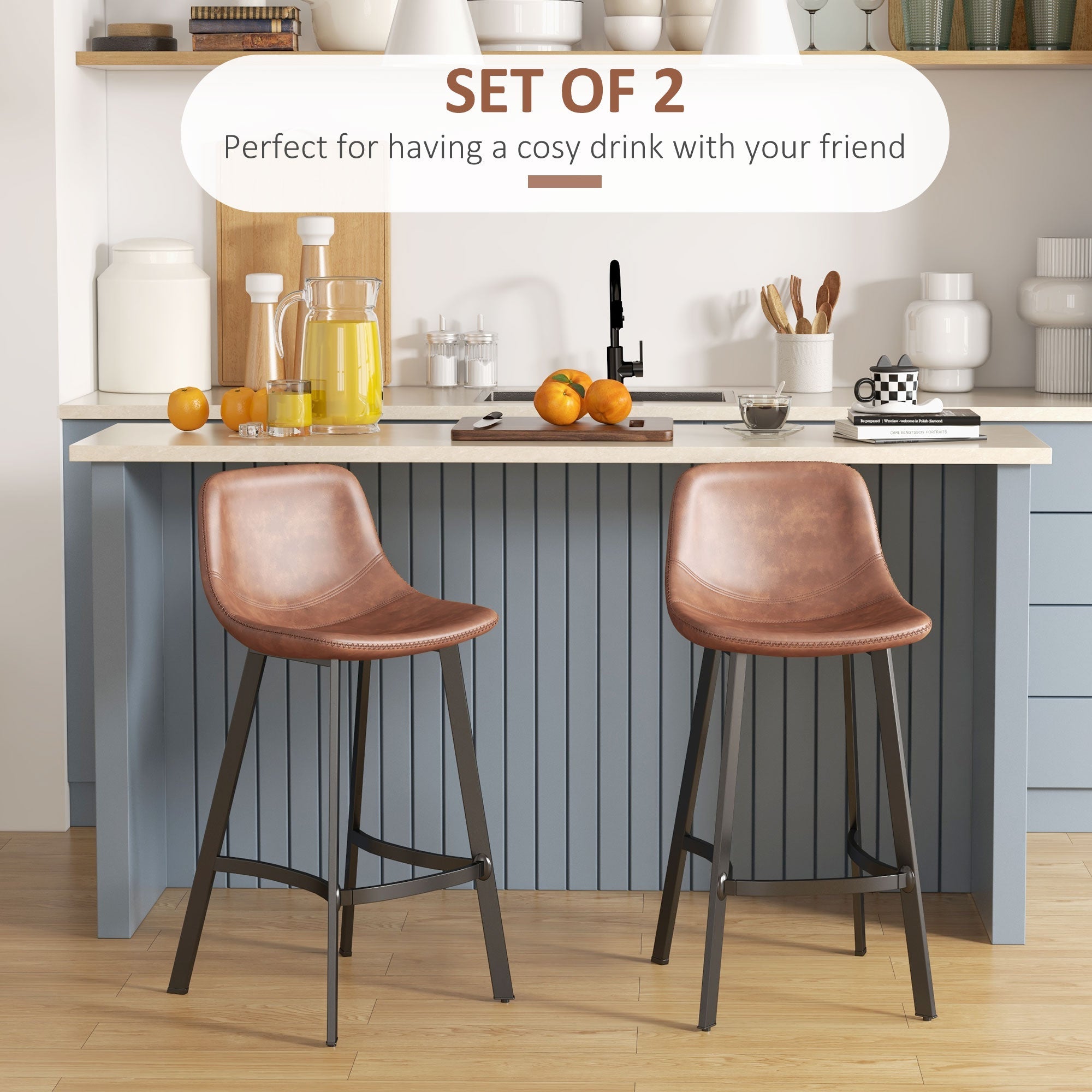 HOMCOM Counter Height Stools Set of 2 Upholstered Kitchen Stool with Back and Steel Legs for Kitchen 