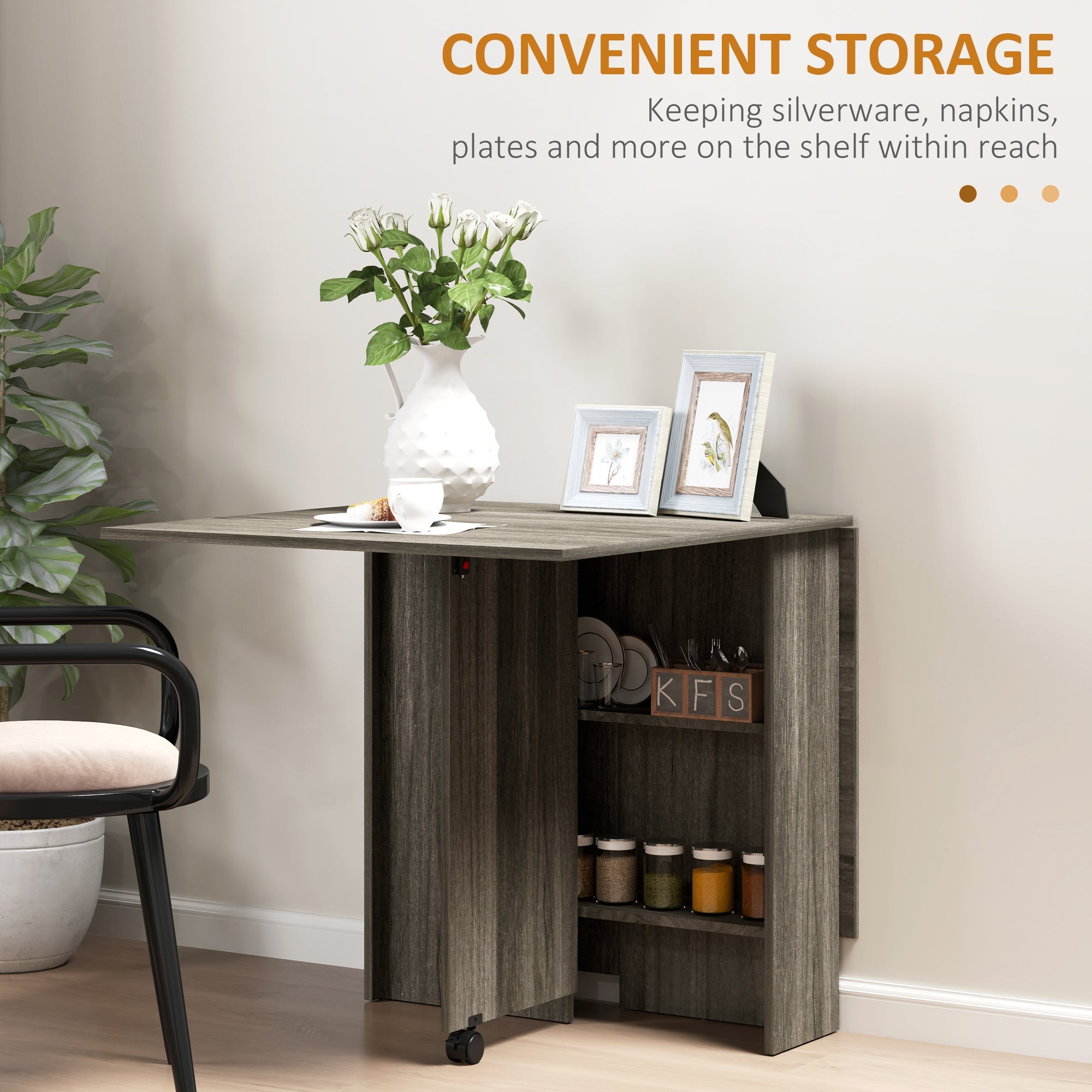 HOMCOM Extendable Dining Table, Collapsible Folding Table w/ 2-tier Shelves and Rolling Casters, Grey Wood Grain 