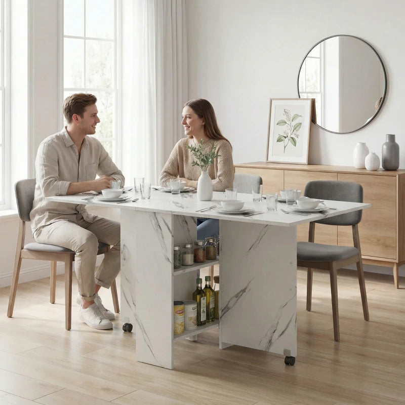 Extendable Dining Table, Collapsible Folding Table with 2-tier Shelves and Rolling Casters, Marble White
