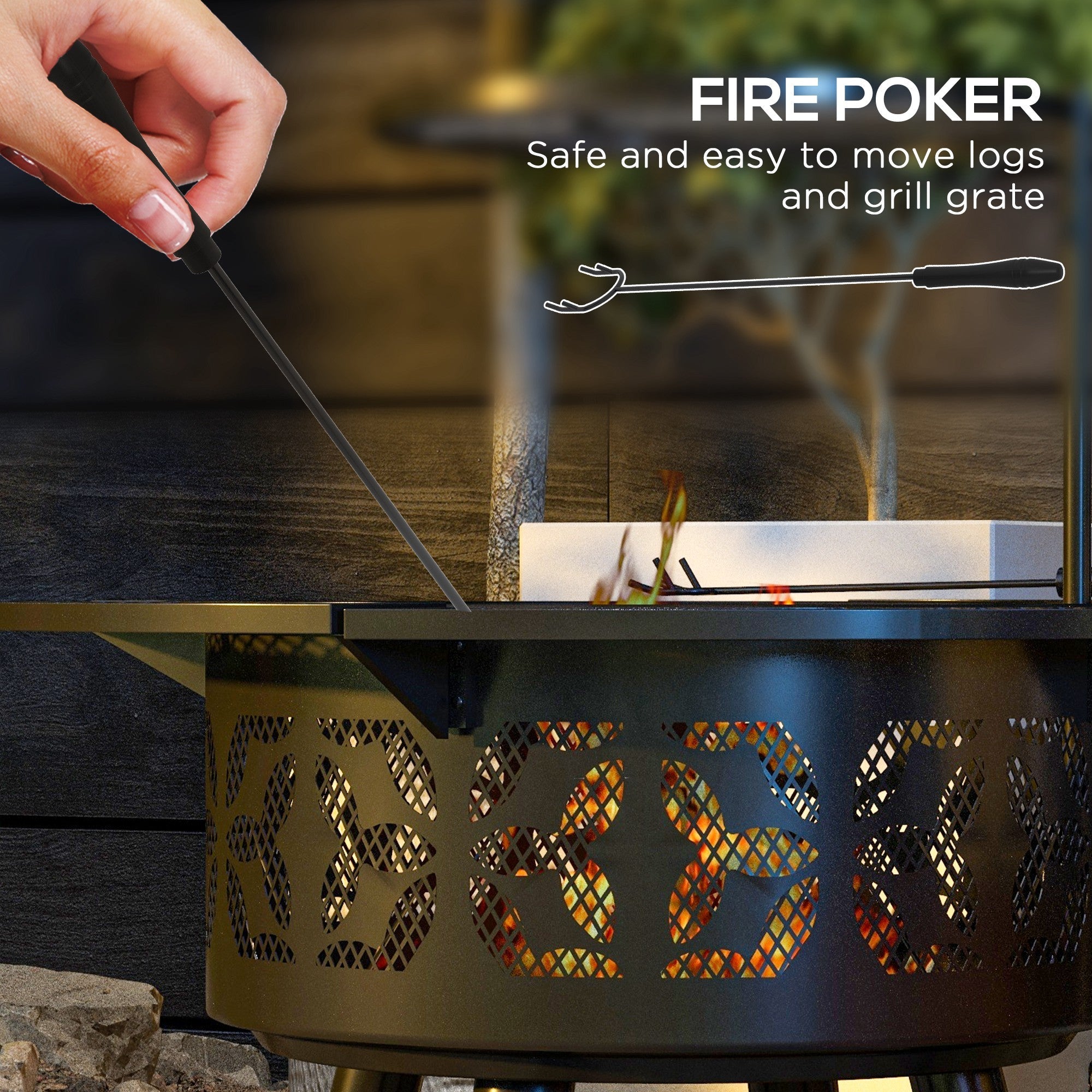 Outsunny Portable Fire Pit BBQ Grill Wood Burning Adjustable Grate Poker 33" Black 