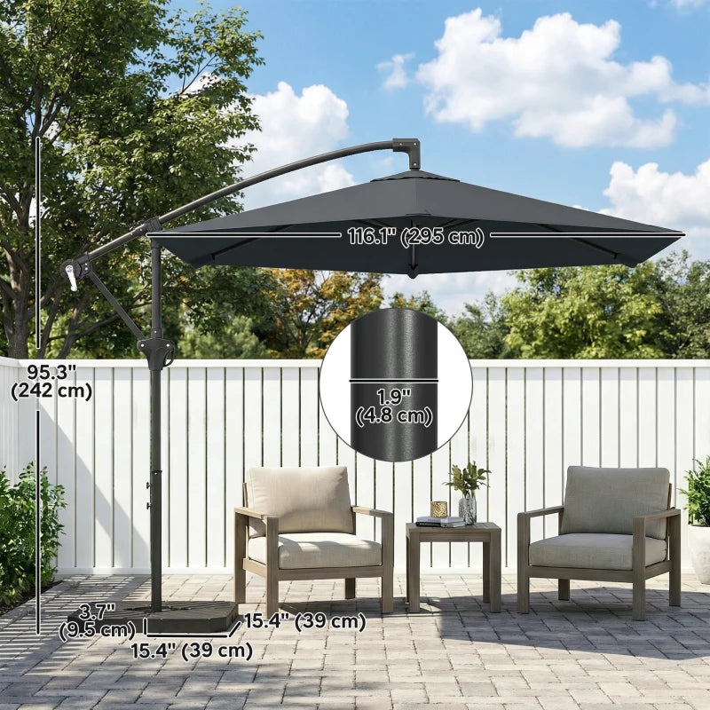 9.7 ft Offset Patio Umbrella with Water/Sand Fillable Weights, Garden Hanging Parasol with Locking Latch, Dark Grey