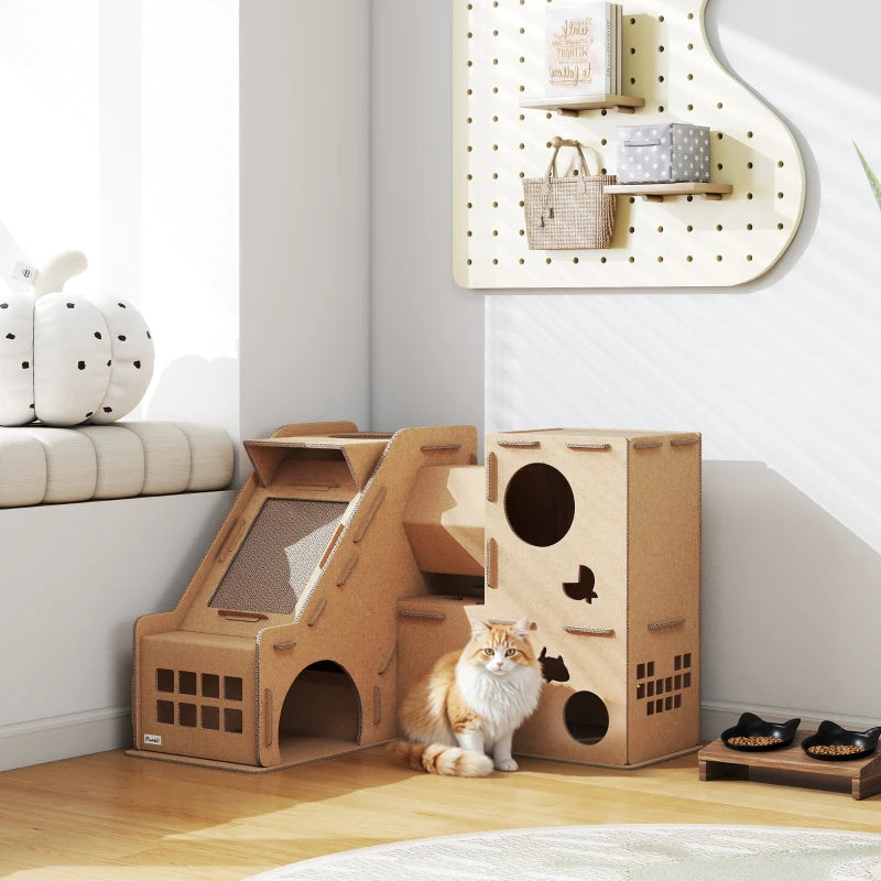 Multi-Level Cardboard Cat House, Corrugated Cardboard Play Condo with Scratching Pads for Indoor Kittens