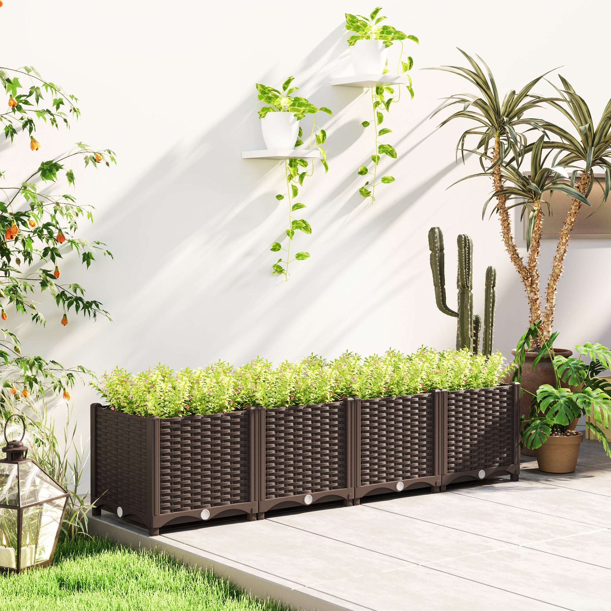 Outsunny Plastic Raised Garden Bed, Outdoor Planter Box with Drainage Holes for Patio, Balcony, 63" x 15.7" x 14.6", Brown 