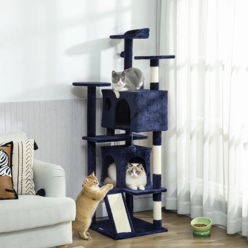 63" Cat Tree, Multi-Level Cat Tower with Scratching Posts, Cat Condos, Bed, Platforms, Ramp, Toy Ball, Dark Blue