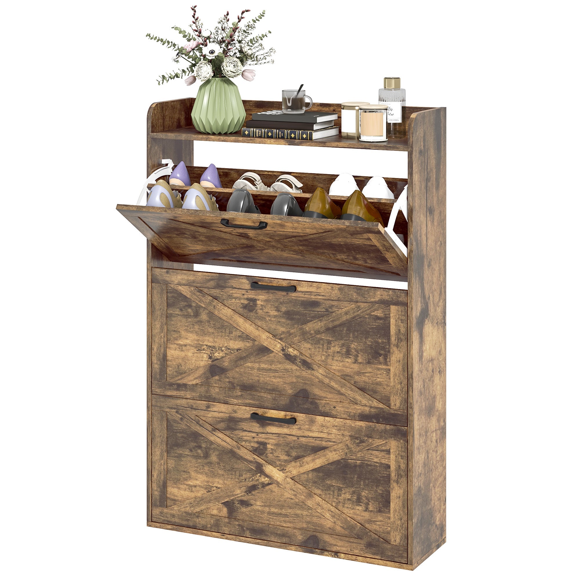 HOMCOM Narrow Shoe Storage Cabinet Farmhouse Shoe Cabinet with 3 Flip Drawers Adjustable Shelves for Entryway Rustic Brown 