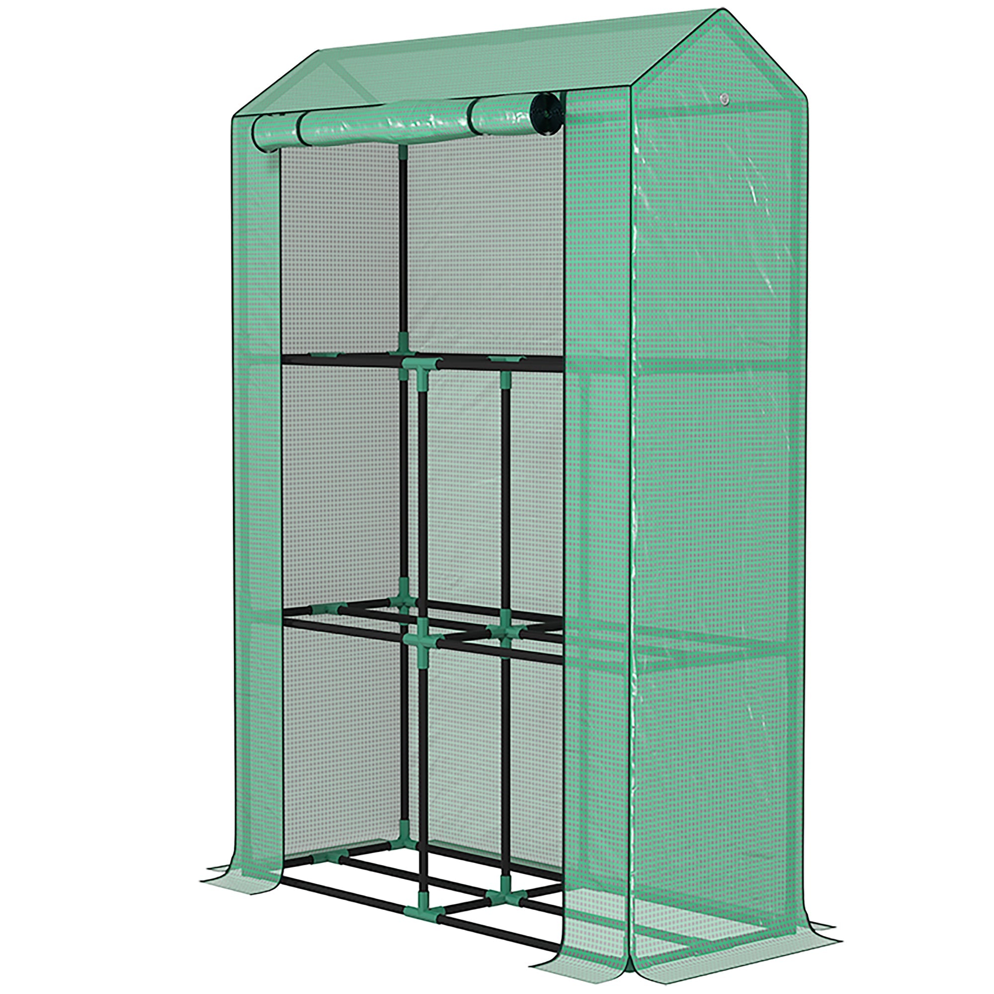 Outsunny Mini Greenhouse with 3 Tier Shelves, 3 Roll-Up Doors for Indoor Outdoor, Green 