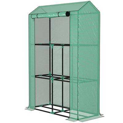 Outsunny Mini Greenhouse with 3 Tier Shelves, 3 Roll-Up Doors for Indoor Outdoor, Green 