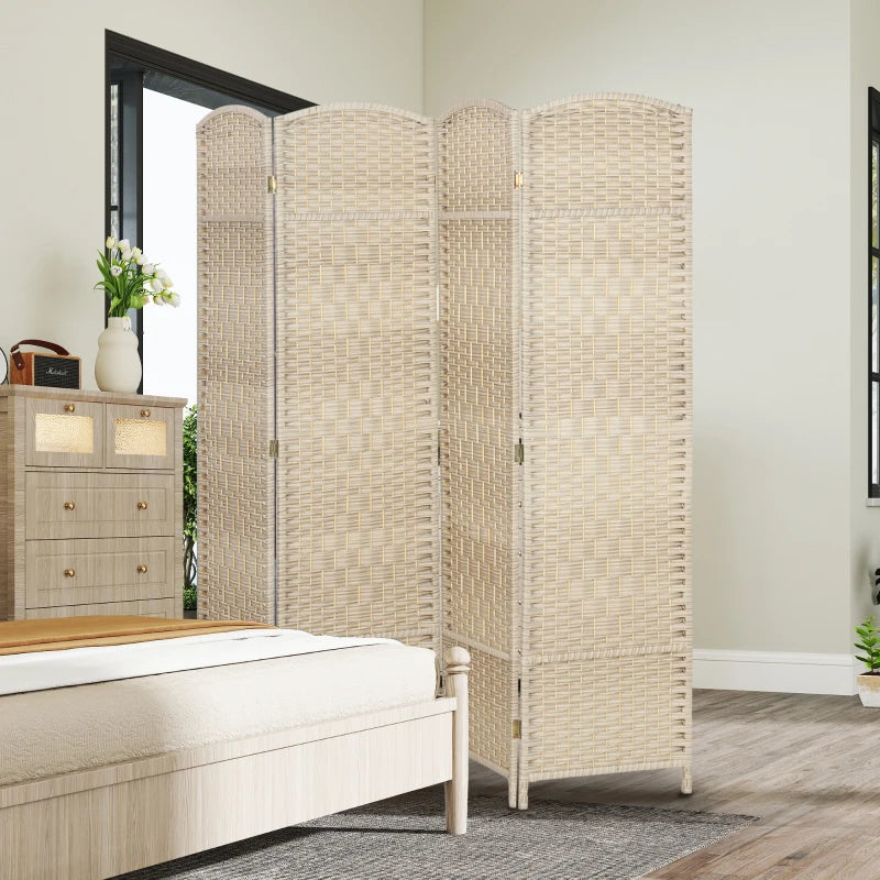 6 Ft Tall Folding Room Divider, 4 Panel Portable Privacy Screen, Hand-Woven Partition Wall Divider, Light Oak