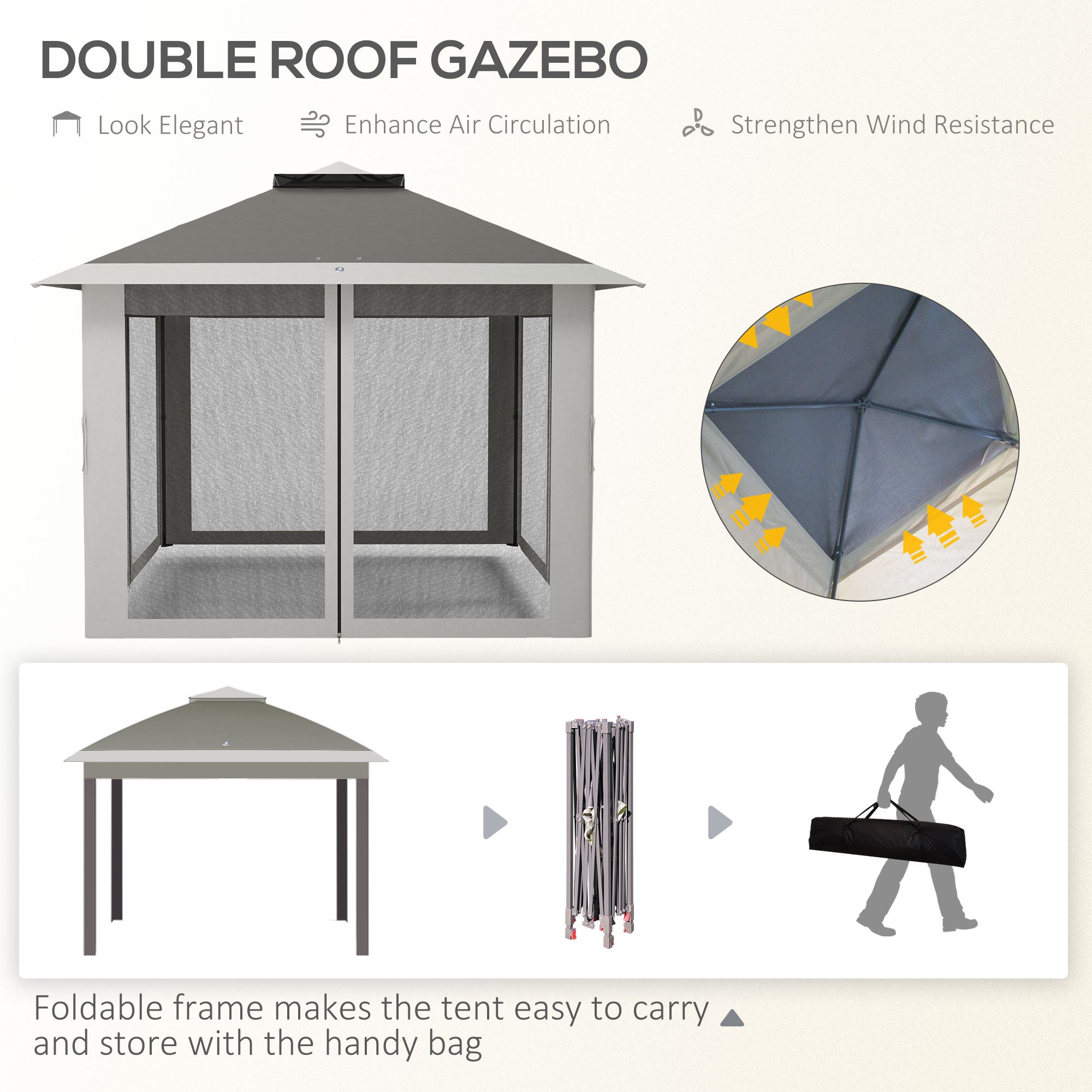 Outsunny 11' x 11' Pop Up Gazebo, Double Roof Foldable Height Adjustable Canopy Tent with Mesh Sidewalls, Carrying Bag, Dark Grey 