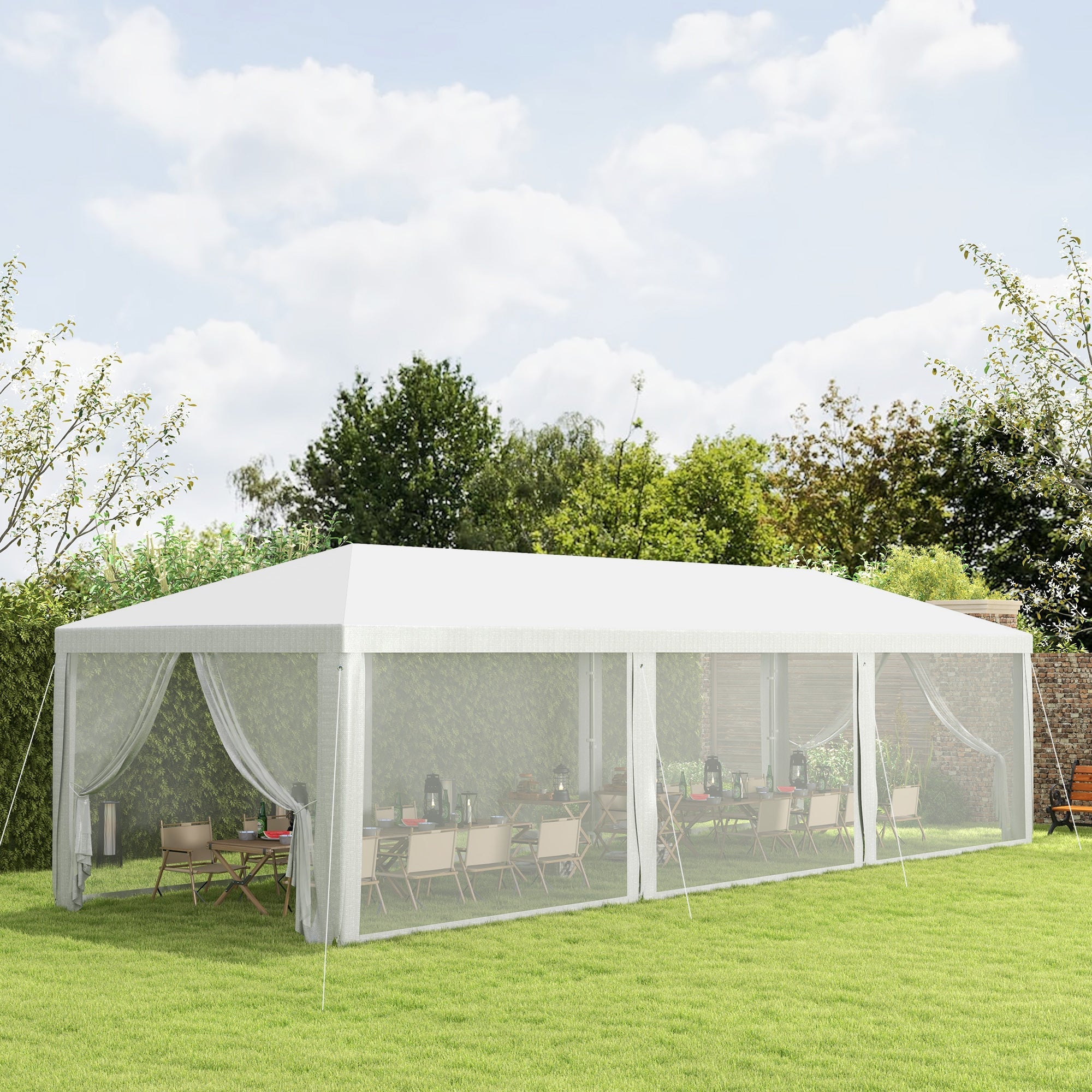 Outsunny 10' x 28' Gazebo Party Tent Outdoor Canopy Garden Sun Shade with 8 Mosquito Mesh Netting and Zipper Door, White 