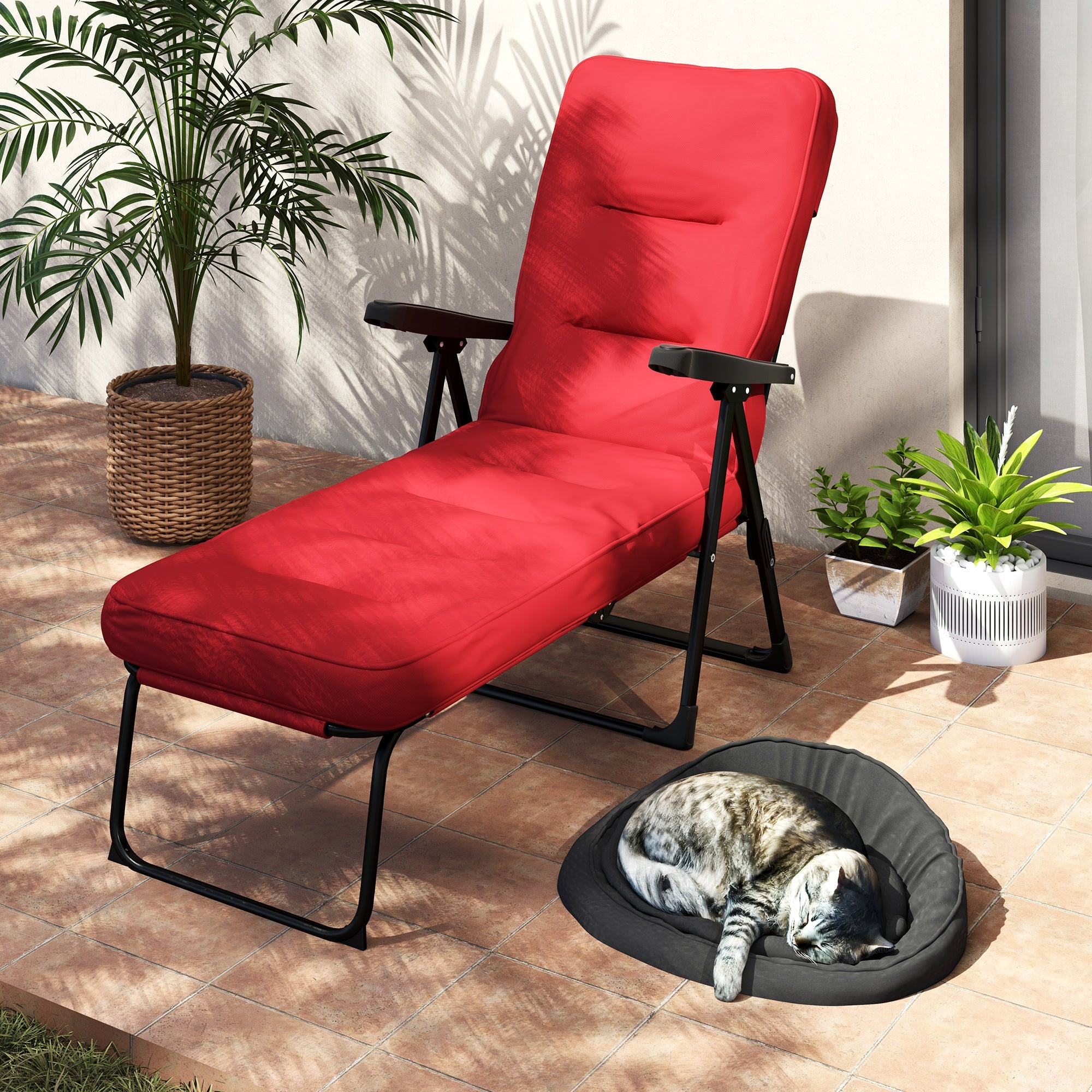 Outsunny Folding Outdoor Lounge Chair with Cushion, Adjustable Backrest, Reclining Patio Garden Chair with Footrest, Wine Red 