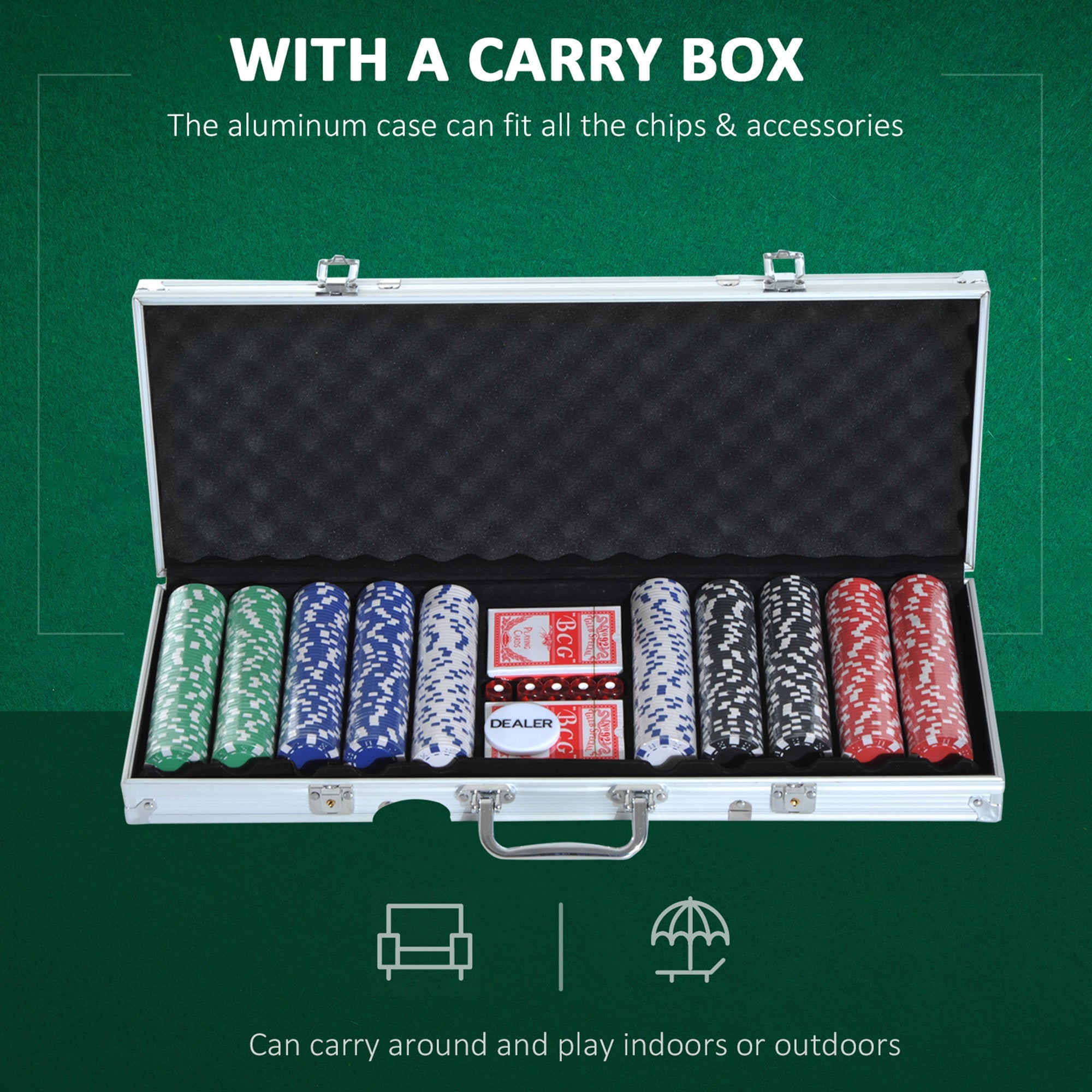 Soozier Premium Poker Chips Set with Durable Silver Aluminum Case 500 Striped Dice 2 Card Decks for Casino Night 