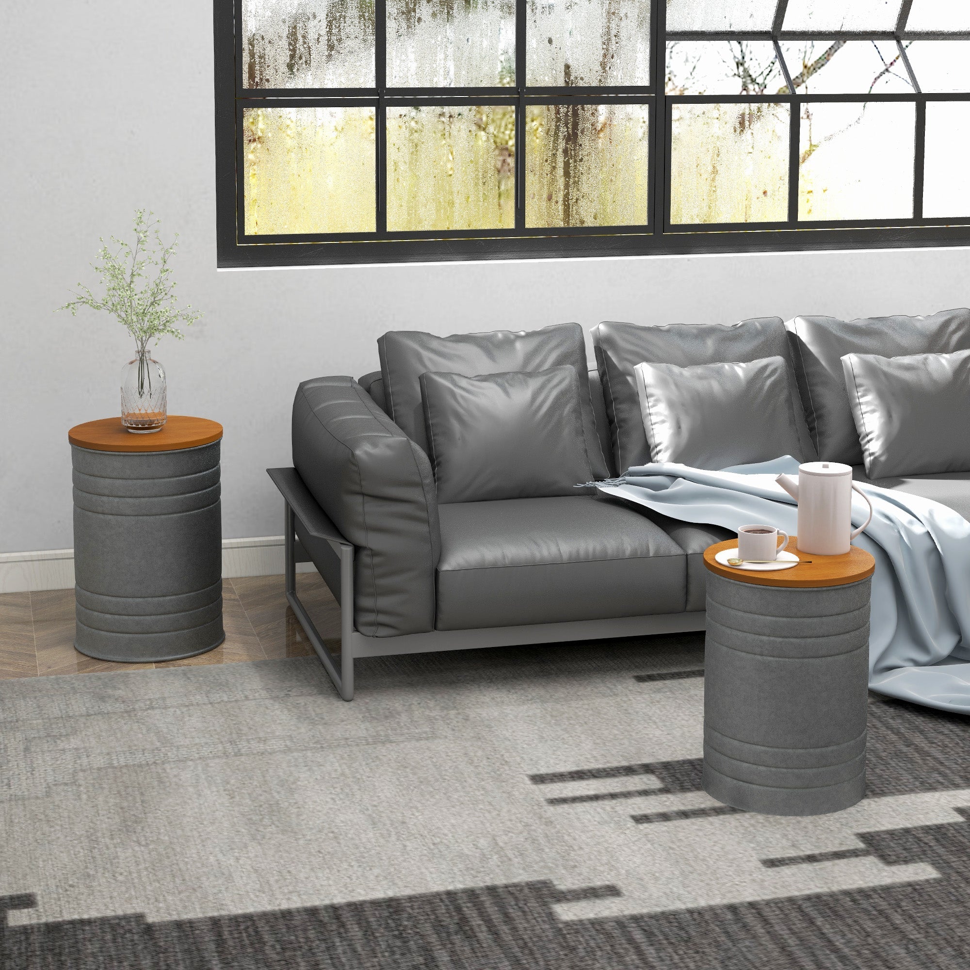 HOMCOM Round Side Table Set of 2, Nesting Coffee Tables w/ Wooden Lid, Galvanized Sheet Frame and Hidden Storage Space, Grey 