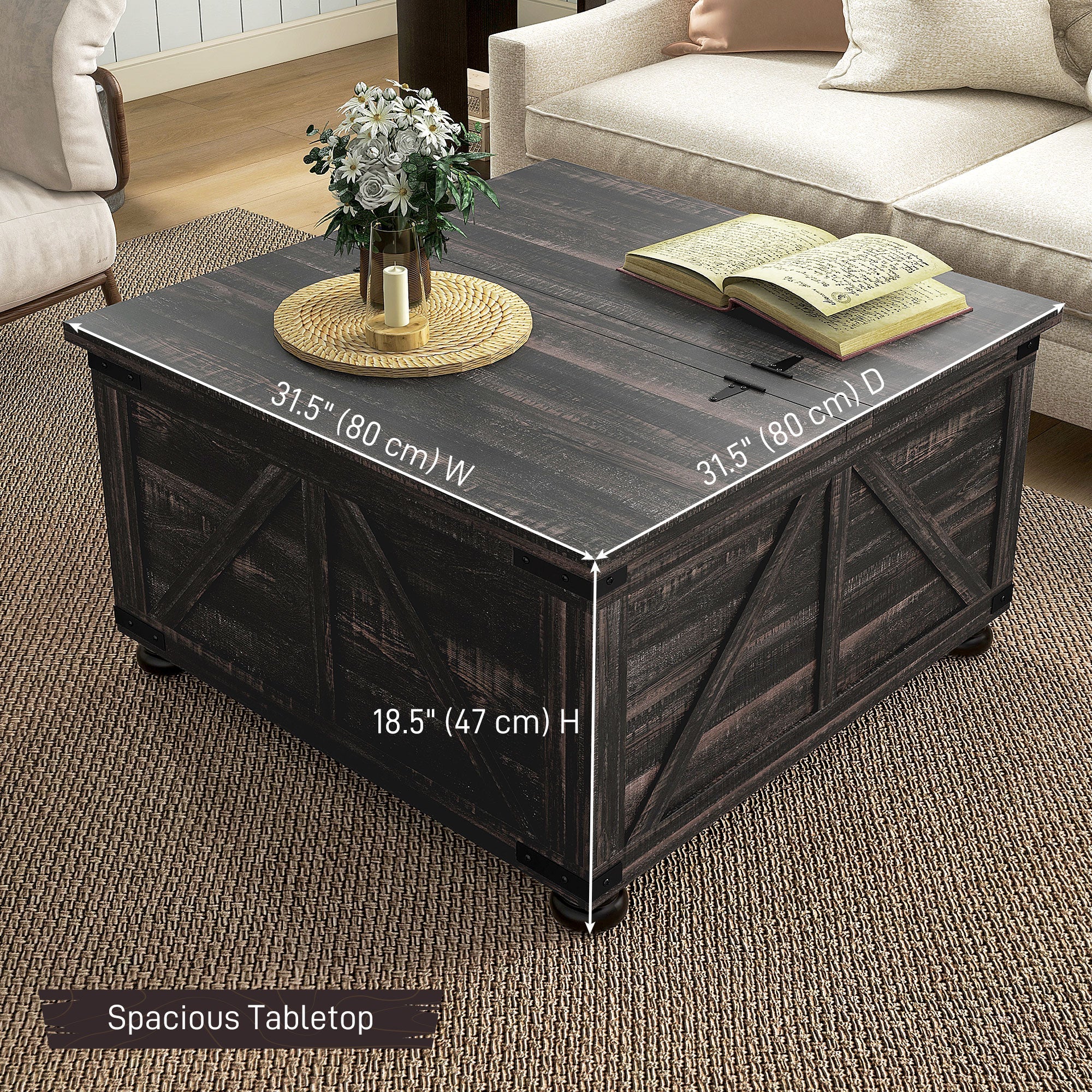 HOMCOM Farmhouse Coffee Table, Square Center Table with Flip-top Lids, Hidden Storage Compartment and Wooden Legs, Distressed Brown 